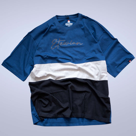 Etewian Men Blue, Grey & Black Colourblocked Cut & Sew Pure Cotton Oversized T-shirt - Etewian 