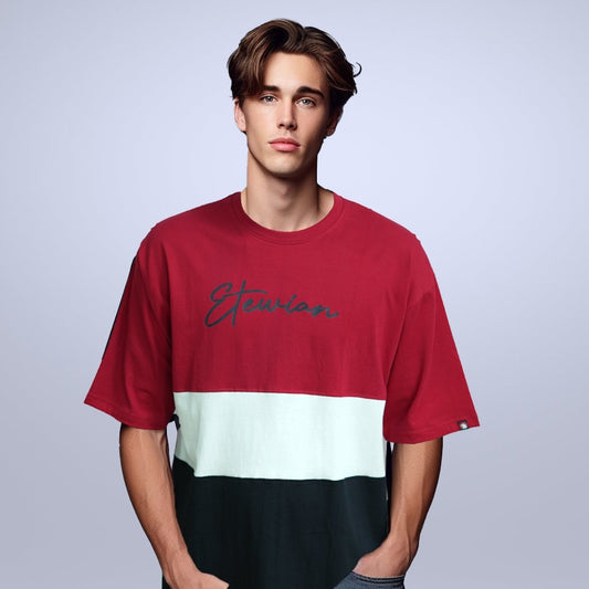 Etewian Men Red, White & Black Colourblocked Cut & Sew Pure Cotton Oversized T-shirt - Etewian 